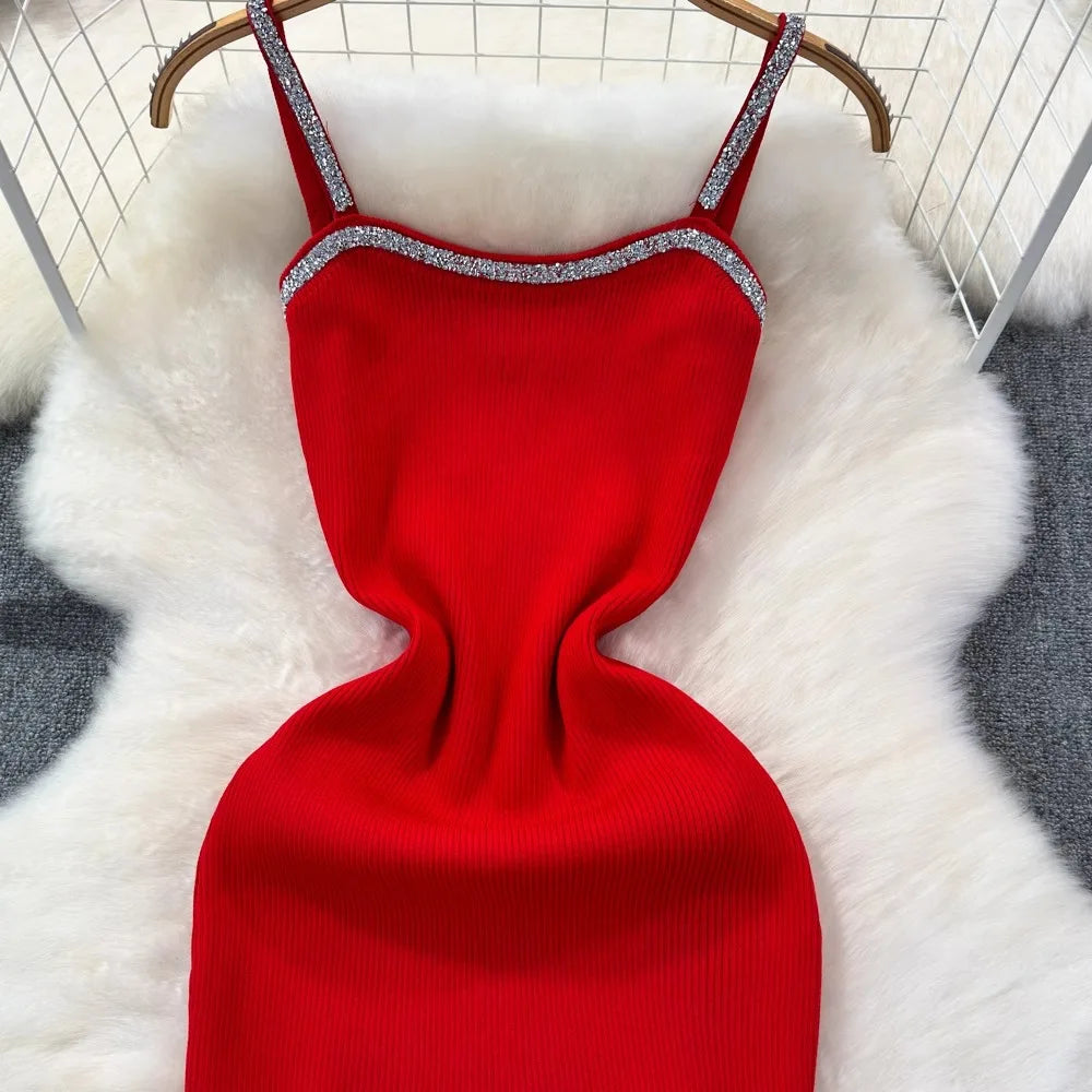 Knit Bodycon Mini Dress With Shimmer Straps For Women