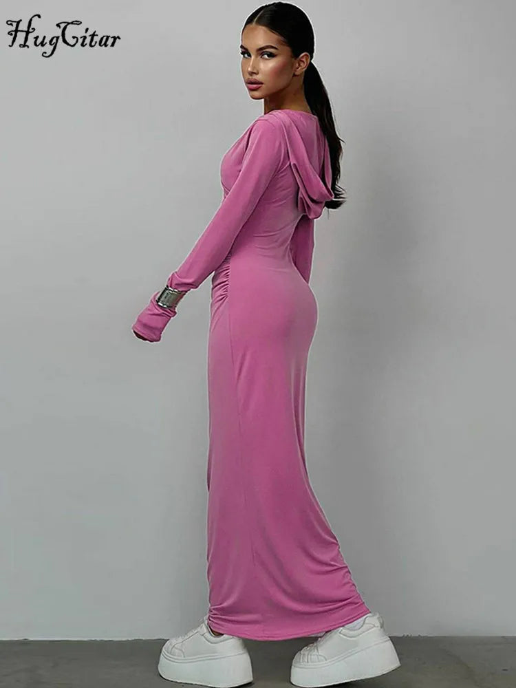V Neck Solid Maxi Dress With Draped Silhouette Long Sleeve