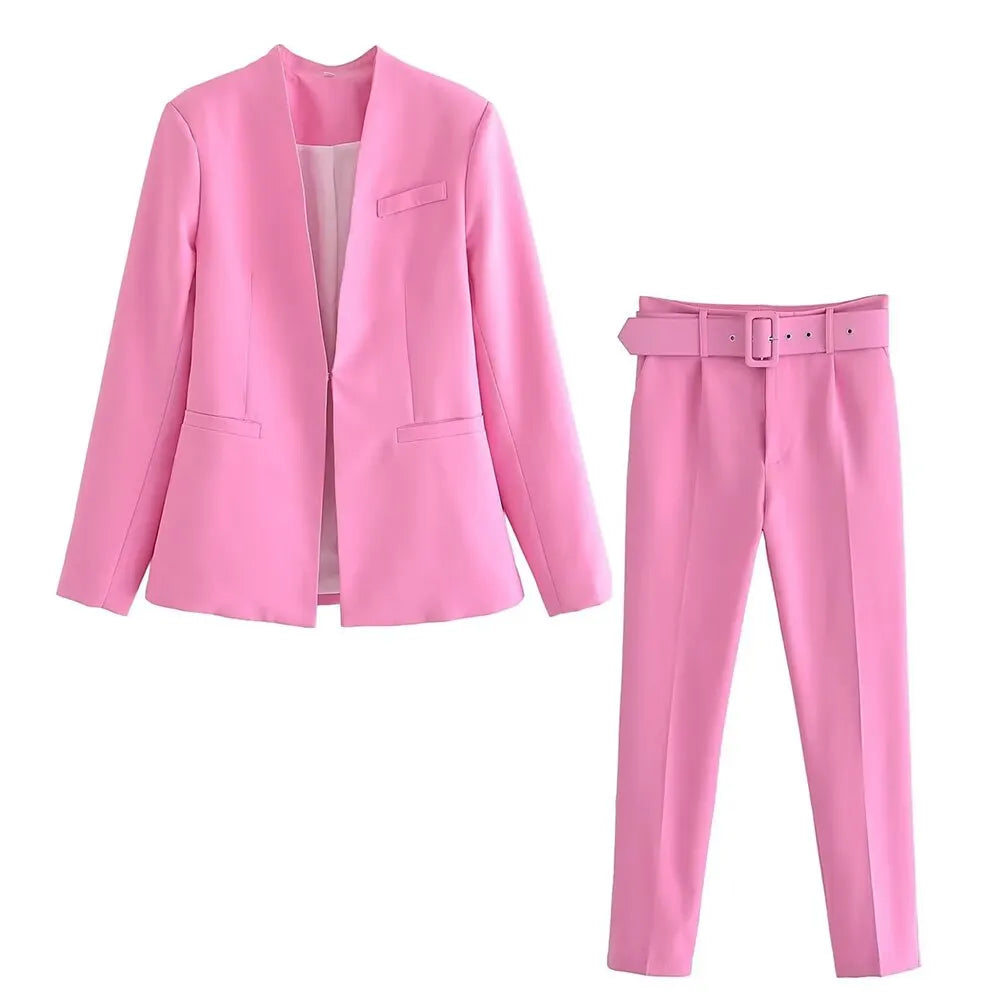 Women's Solid Color Office Suit Coat and High Waist Ankle-Length Pants Set