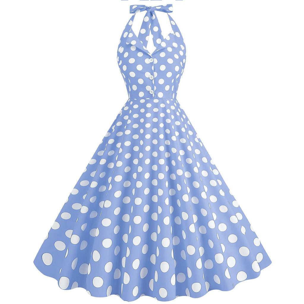 Retro Polka Dot Lace Up Backless Dress With Swing Puff