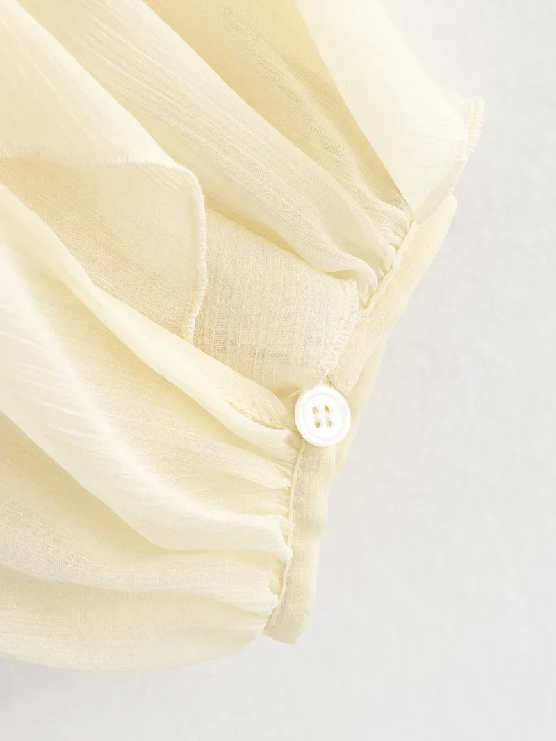 Women's Semi-Transparent V-Neck Tiered Decoration Long Sleeve Casual Shirt Blouse Top