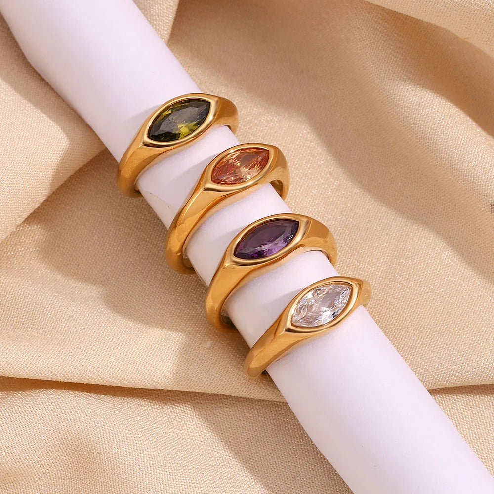 Hypoallergenic 316L Stainless Steel Colorful Horse Eye Zircon Seal Ring with 18K Gold Plating