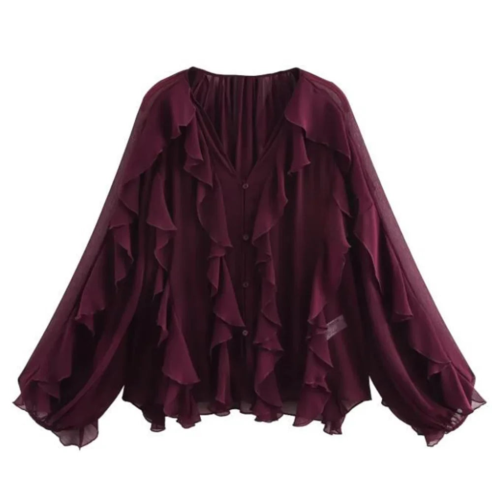 Women's Retro Loose V Neck Layered Casual Shirt Lightweight Temperament Blouse for Spring