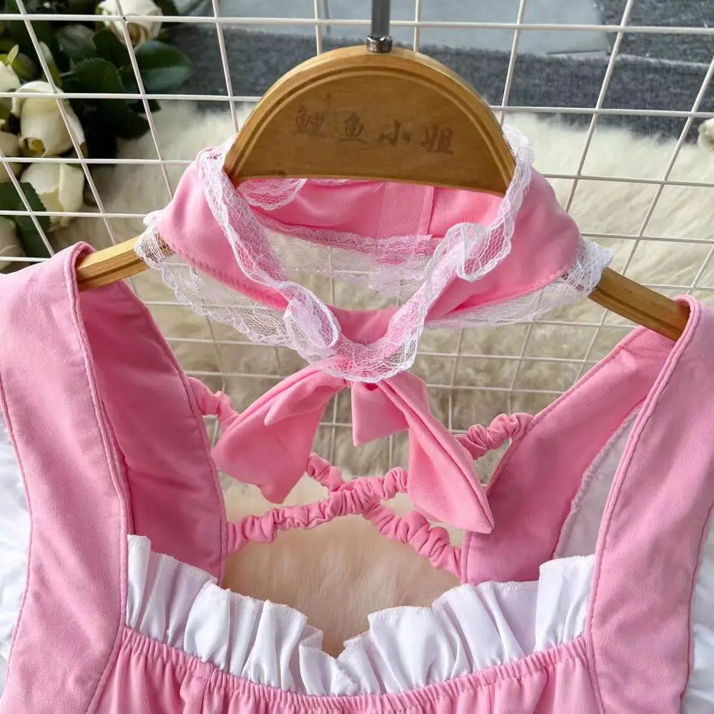Pink Lolita Maid Dress Mini Short Patchwork Lace Details