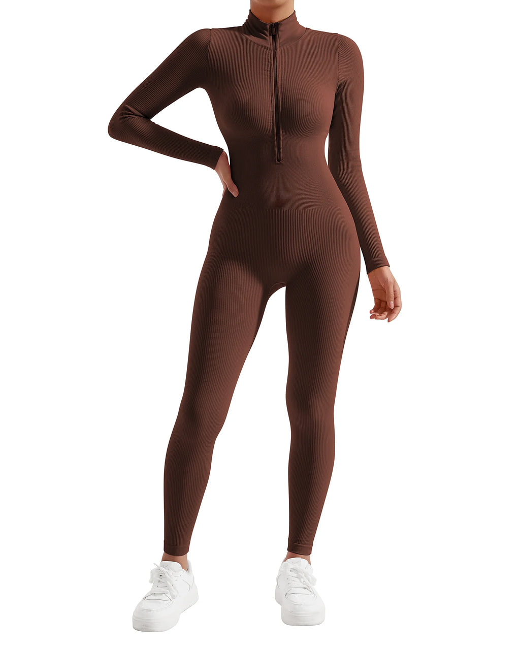 Bodycon Slim Fit Zipper Jumpsuit for Women Casual Brown Fitness Romper Streetwear Playsuit Overall