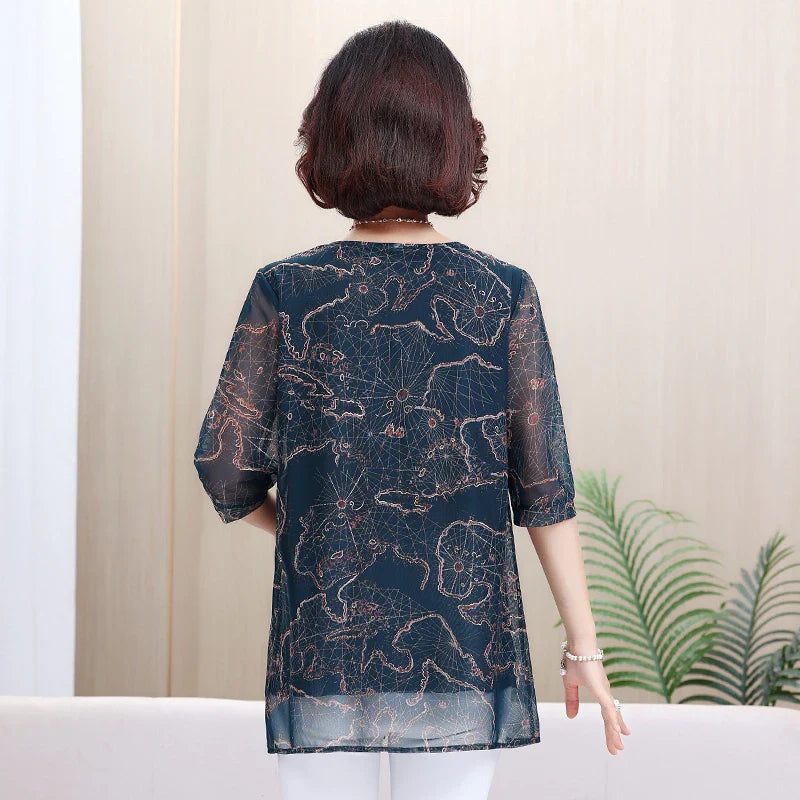 Women's Summer Shirt Casual Loose Fit Fake Two-Piece Printed Top for Middle-Aged and Elderly