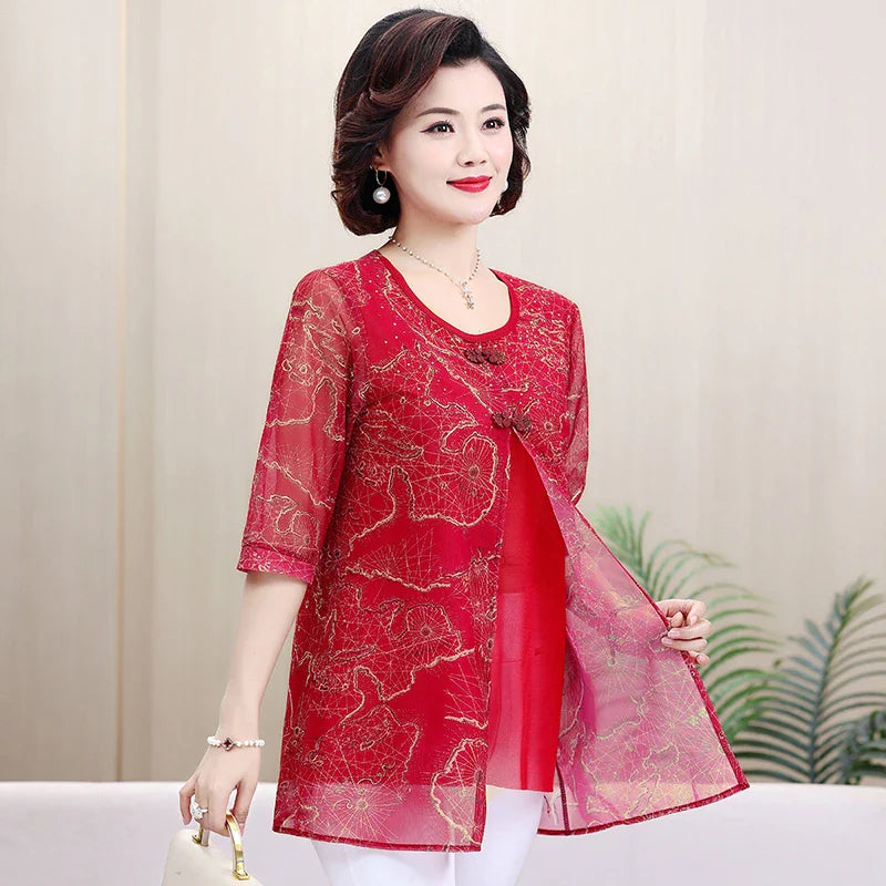 Women's Summer Shirt Casual Loose Fit Fake Two-Piece Printed Top for Middle-Aged and Elderly