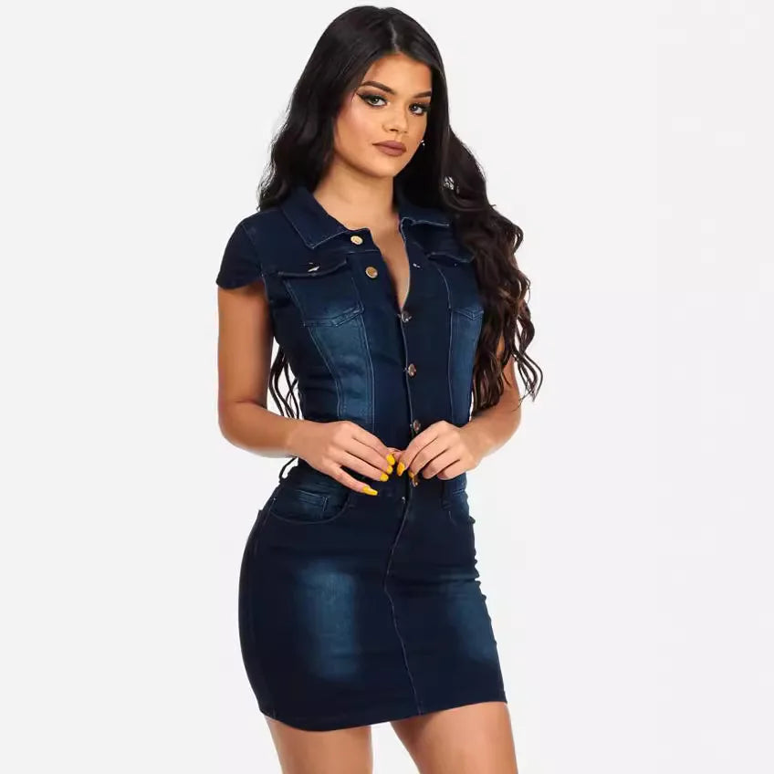 Denim Mini Dress For Women Short Sleeve Turn Down Collar
