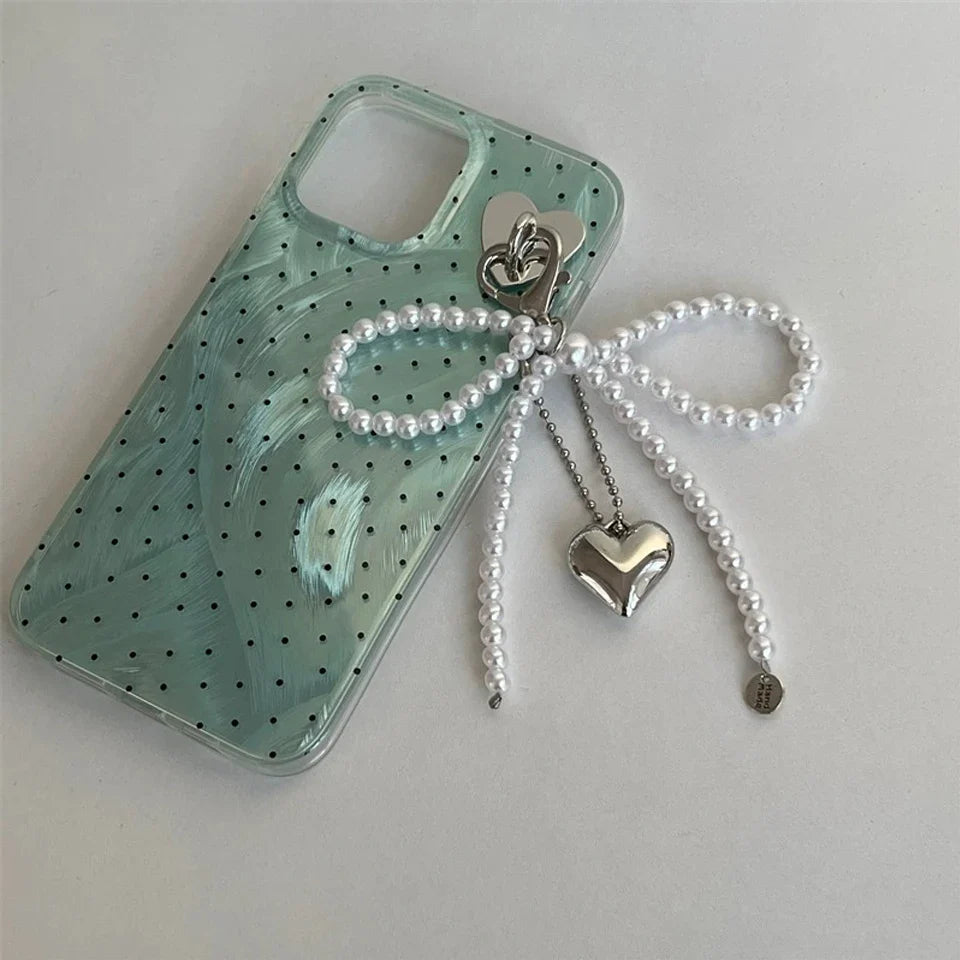 White Bowknot Heart Keychain for Women Sweet Charm Pearl Bow Backpack Key Ring Handmade Jewelry Ornament