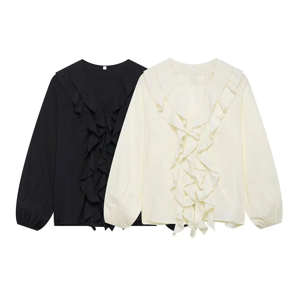Women's Ruffled V-Neck Blouse with Flounce Long Sleeves Elegant Solid Color Chic Shirt