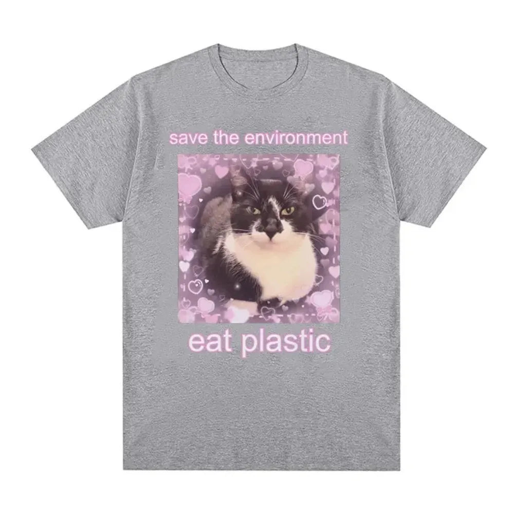 Save The Environment Eat Plastic Cute Cat Graphic T Shirt 100 Percent Cotton Oversized Tee for Men and Women