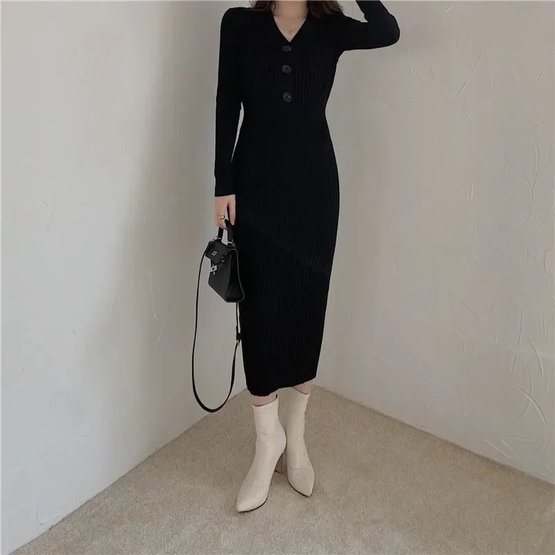 Knit V Neck Women Sweater Dress Long Sleeve Bodycon Office