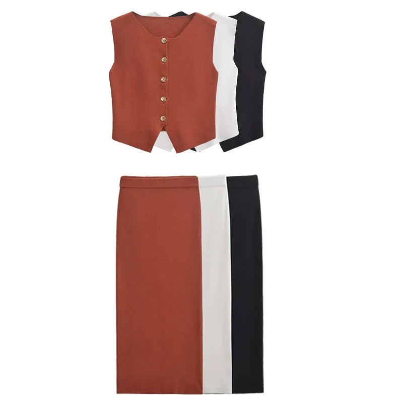 Women's 2 Piece Knit Skirt Set with Cropped Sleeveless Vest and High Waist Slim Fit Skirt in Solid Color with Gold Button Detail