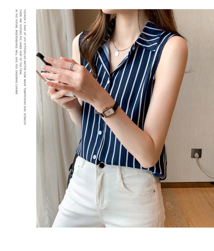 Striped Sleeveless Chiffon Blouse for Women Summer Vest Casual Lightweight Tops Basic White Shirt