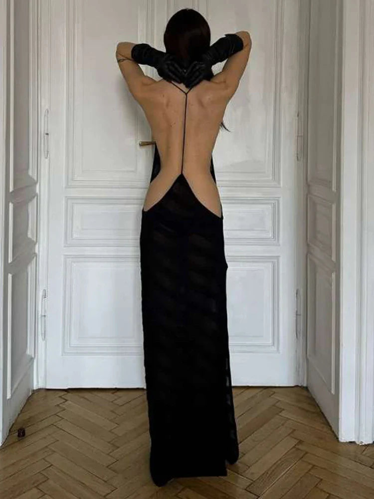 Backless Halter Dress Ankle Length Solid Color for Summer