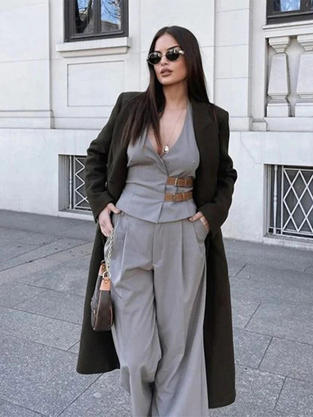 Women's Two-Piece Suit Set with Belt Halter V-Neck Top and High-Waisted Pleated Pants