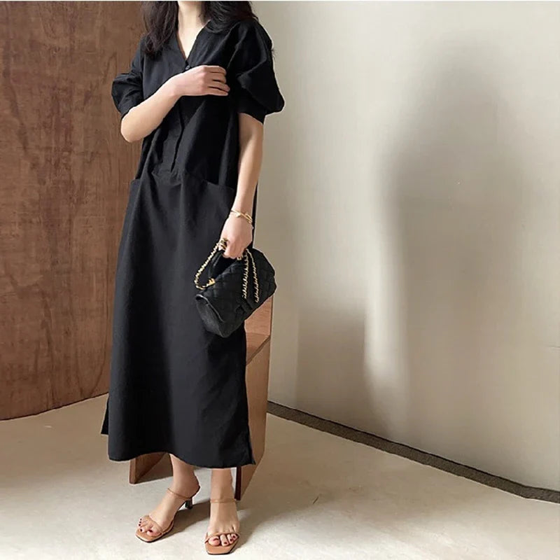 Korean Puff Sleeve Dress With Pockets High Waist V Neck