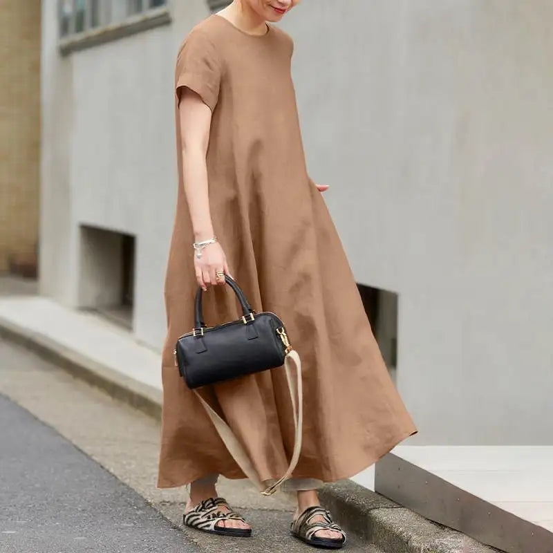 Summer Maxi Dress Women O Neck Short Sleeve Sundress A Line