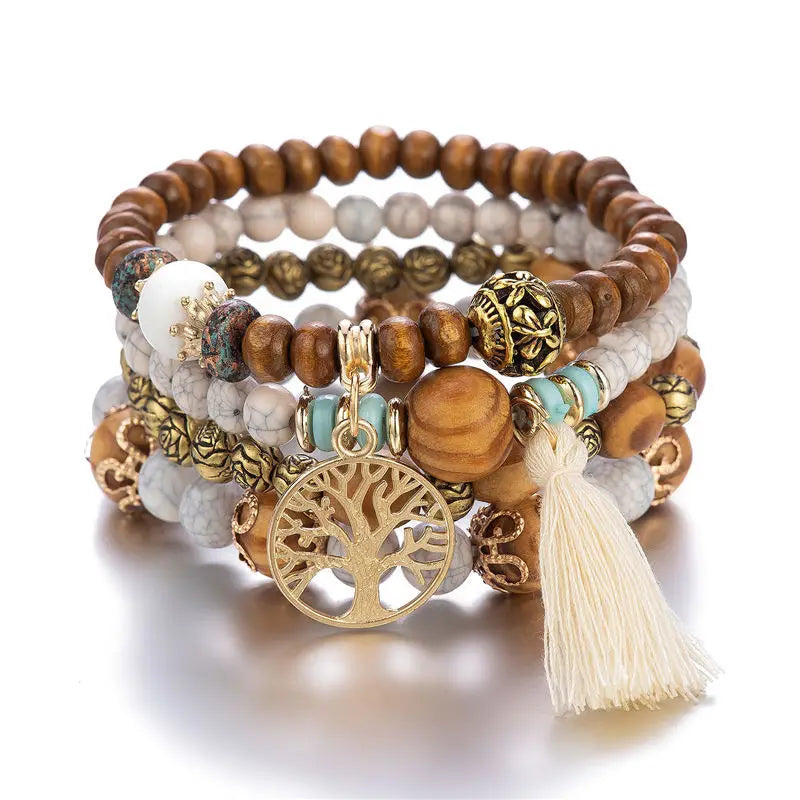 4Pcs Bohemian Tree Of Life Charm Beaded Bracelet Set Handmade Wood Beads Bangle Jewelry for Women