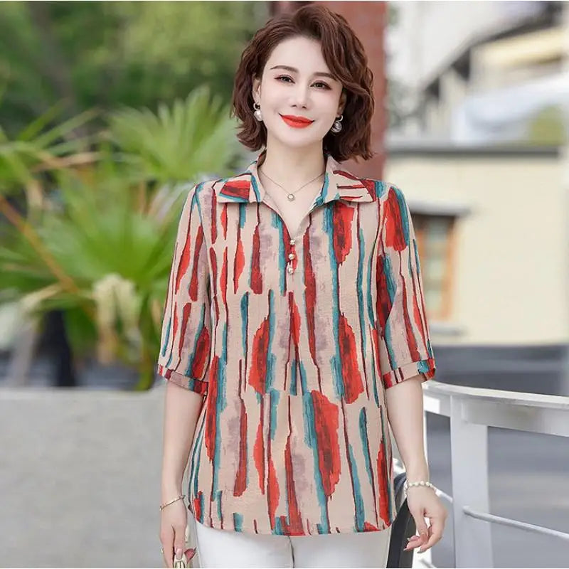 Summer Women's Floral Print Chiffon Pullover Shirt with Square Collar Half Sleeves Loose Elegant Button-Up Vacation Top