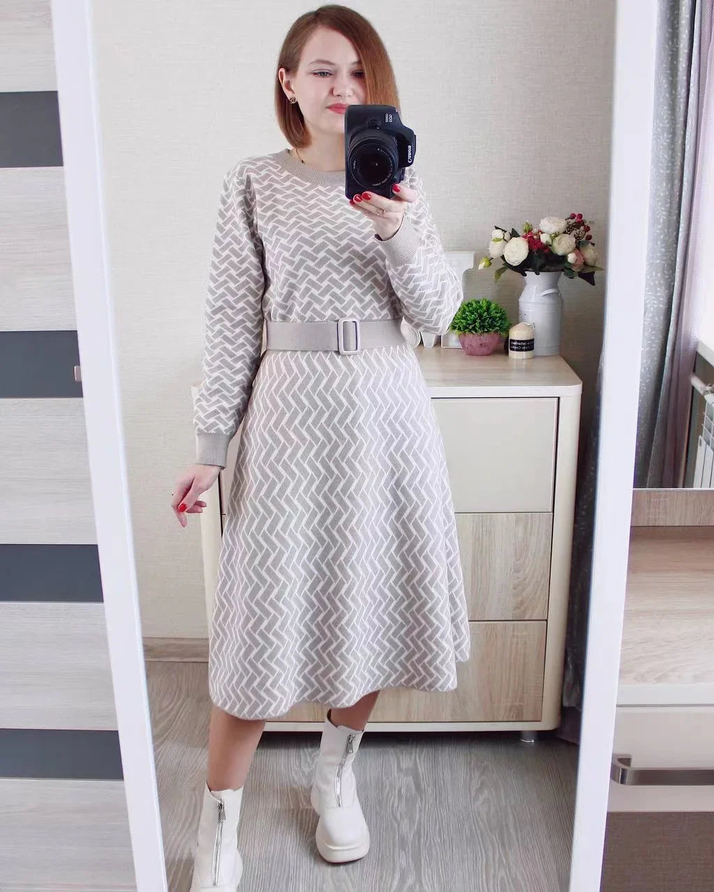 Jacquard Knit Sweater Dress With Belt Elegant Pleated Maxi