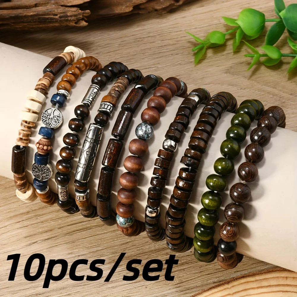 10pcs Bohemian Ethnic Beaded Bracelets for Men Vintage Multi Layer Wooden Bead Life Tree Jewelry Accessory Gift Set