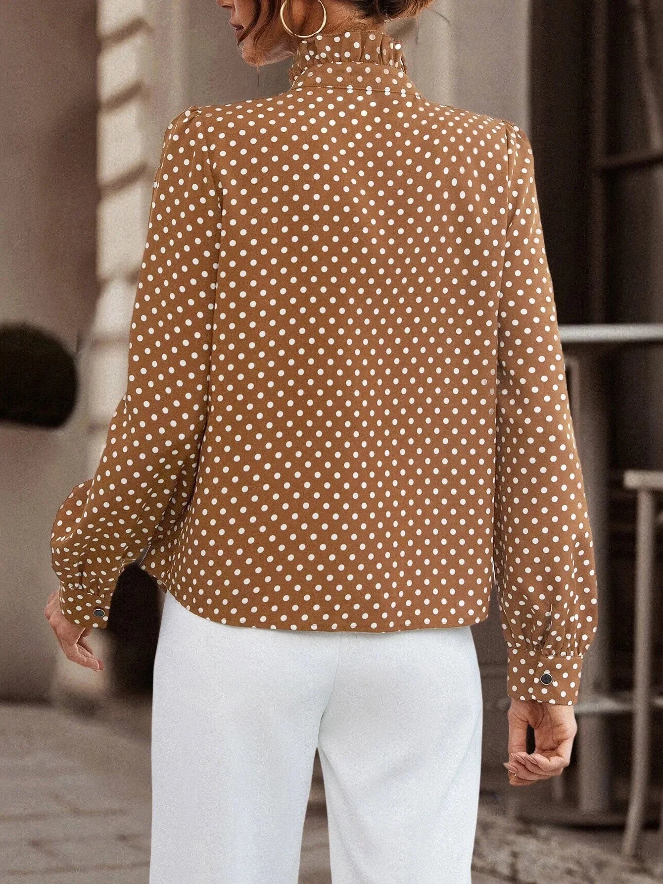 Long Sleeve Polka Dot Button Shirt for Women with Ruffle Detail Elegant Office Blouse Casual Fashion Top