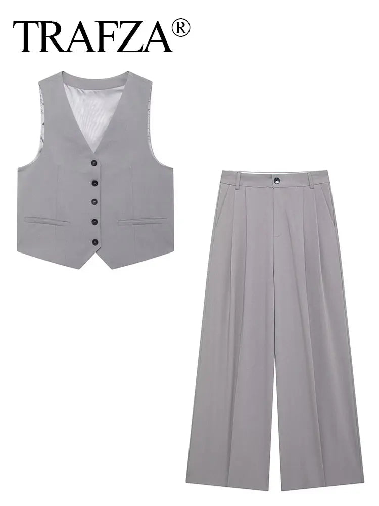 Women Solid Pant Sets with Adjustable Back Strap and V-Neck Vest High Waist Trousers Fashion Outfit