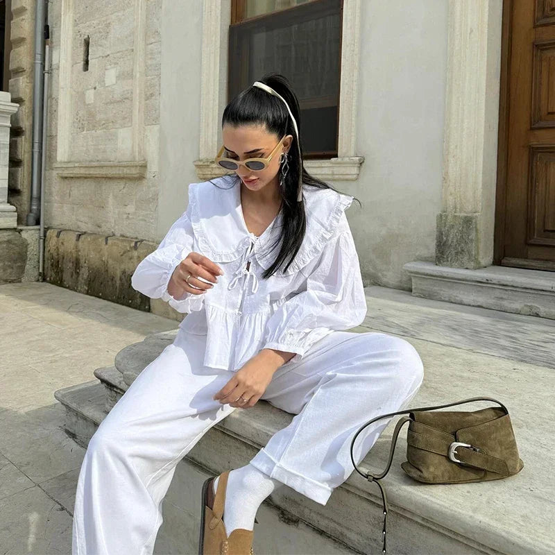 Women's Sweet Solid White Blouse with Front Bow Lace-Up Long Sleeves Elegant Casual Summer Top