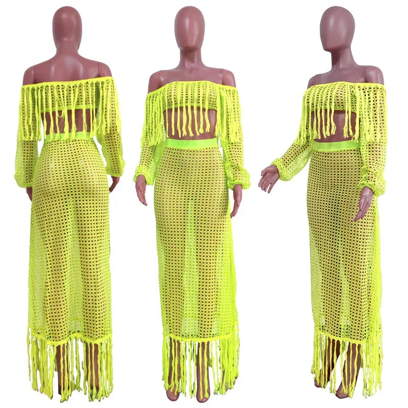 Fringed Tassel Two Piece Women's Beachwear Set Crochet Hollow Out See Through Crop Top and Long Skirt Vacation Outfit