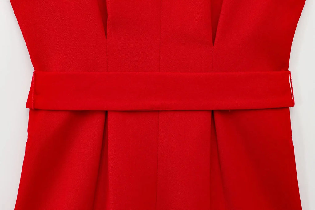 Fashionable Red Vest and Flared Pants Suit for Women with Belt, Versatile and Simple Temperament Outfits