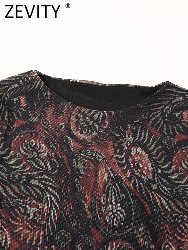 Paisley Floral Mesh Mini Dress With Long Sleeves Pleats