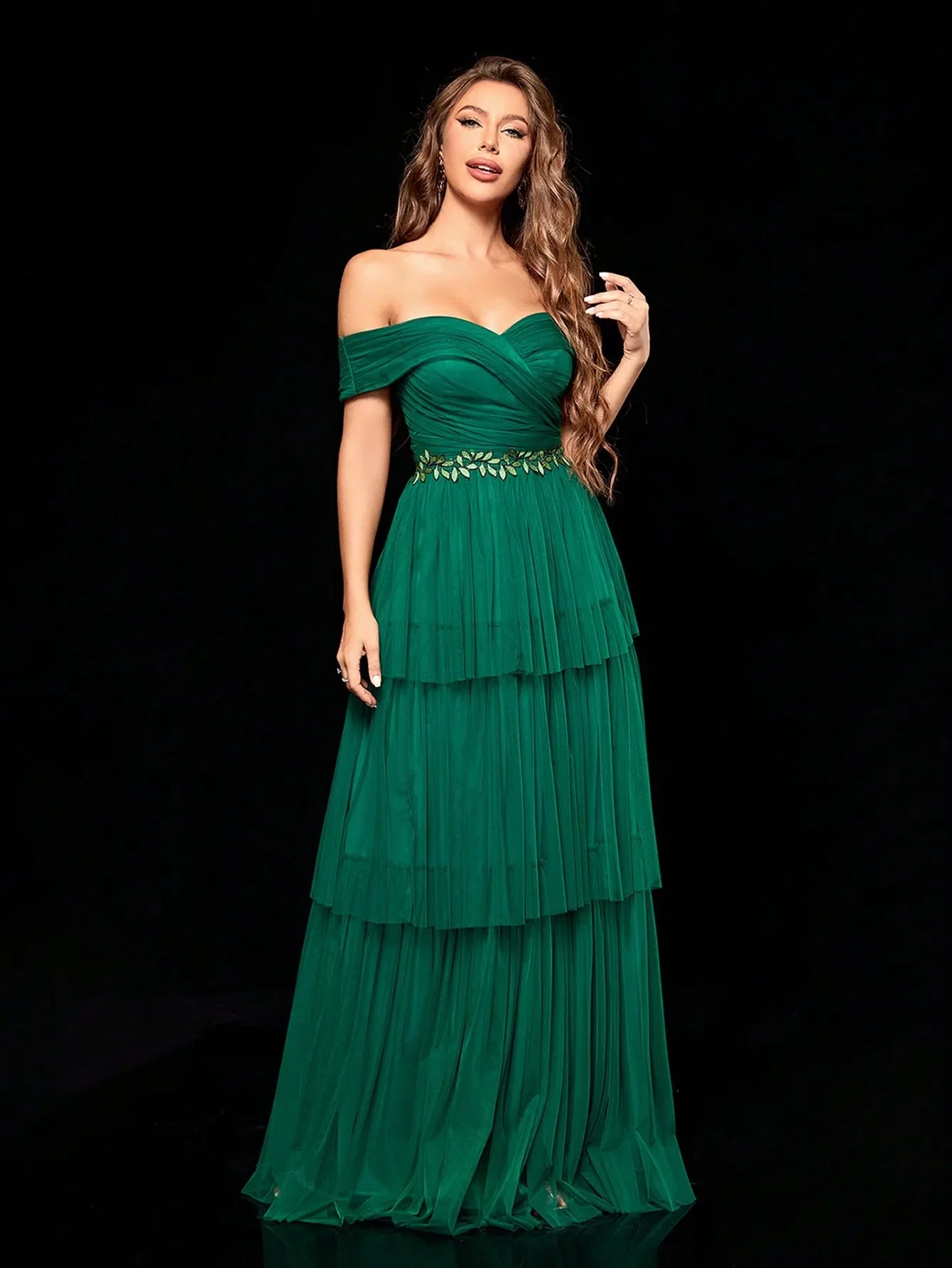 Line Collar Embroidered Long Gauze Evening Gown for Party