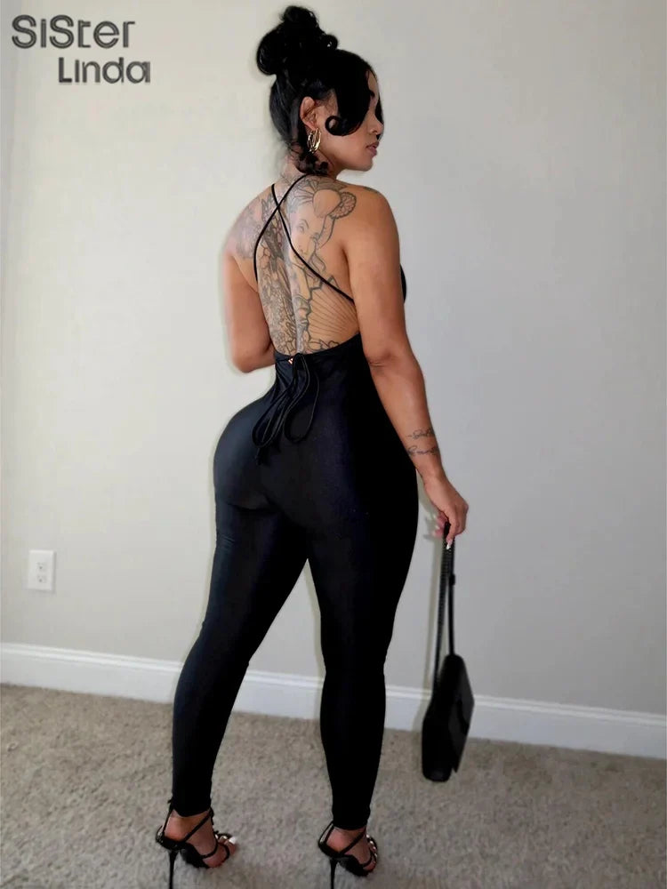 Women's Hanging Neck Low Cut Open Back Sexy Jumpsuit Slim Fit Nightclub Party Outfit