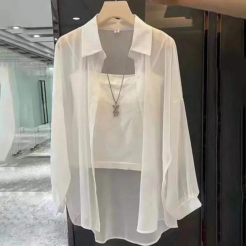 Women's Long Sleeve Chiffon Blouse Lightweight Sun-Proof Casual Top Simple Solid Color Basic Sexy Shirt