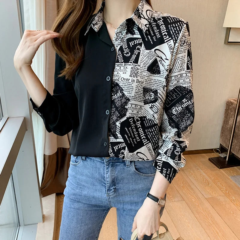 Womens Long Sleeve Contrast Letter Print Shirt Turn-Down Collar Button Up Blouse Lightweight Spring Summer Fashion Top