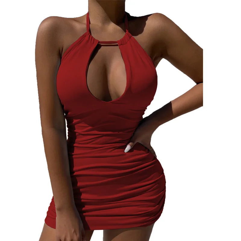 Elegant Halter Hollow Bodycon Mini Dress For Summer Party