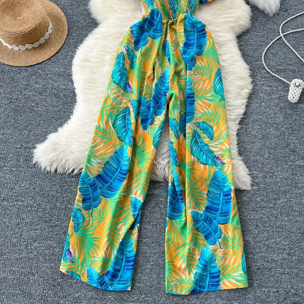 Square Neck Loose Pleated Jumpsuit with Ruffles Backless Design Wide Leg Long Pants Elegant Chic Printed Playsuit for Women