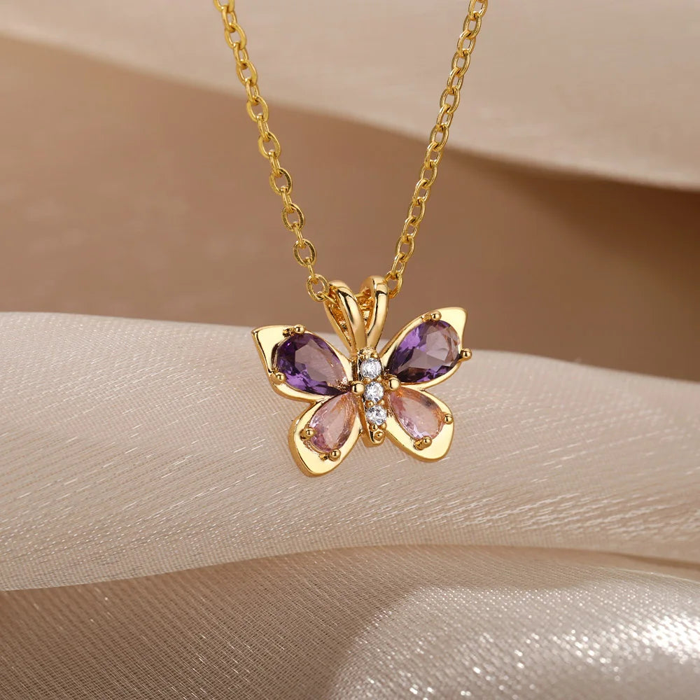 Cute Butterfly Necklace for Women with Purple Zircon Crystal Aesthetic Choker Jewelry