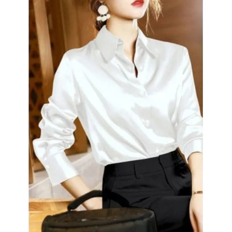 Elegant Satin Long Sleeve Women's Shirt Slim Fit Casual Office Blouse Stylish Autumn Top