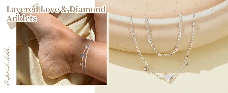 925 Silver Plated Heart Charm Anklet with Cubic Zirconia Dainty Layered Chain Jewelry for Women