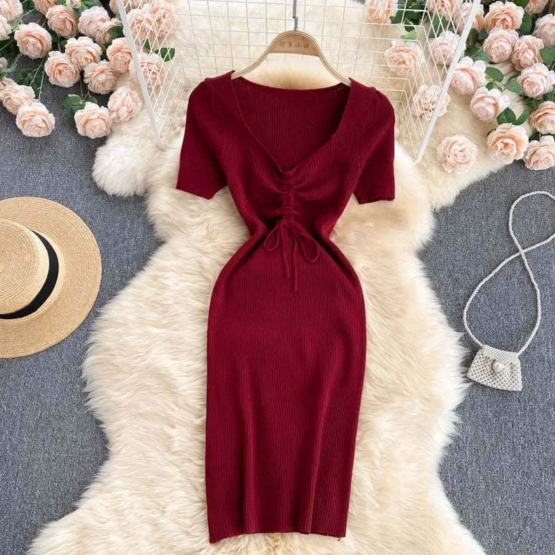 Korean Knit Bodycon Dress V Neck Drawstring Short Sleeves