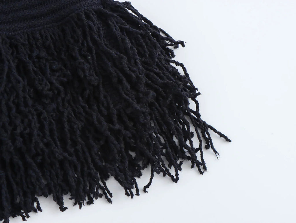 Women's Spring Tassel Plaid Lapel Knitted Jacket with Long Sleeves and High Waisted Knitted Skirt Set