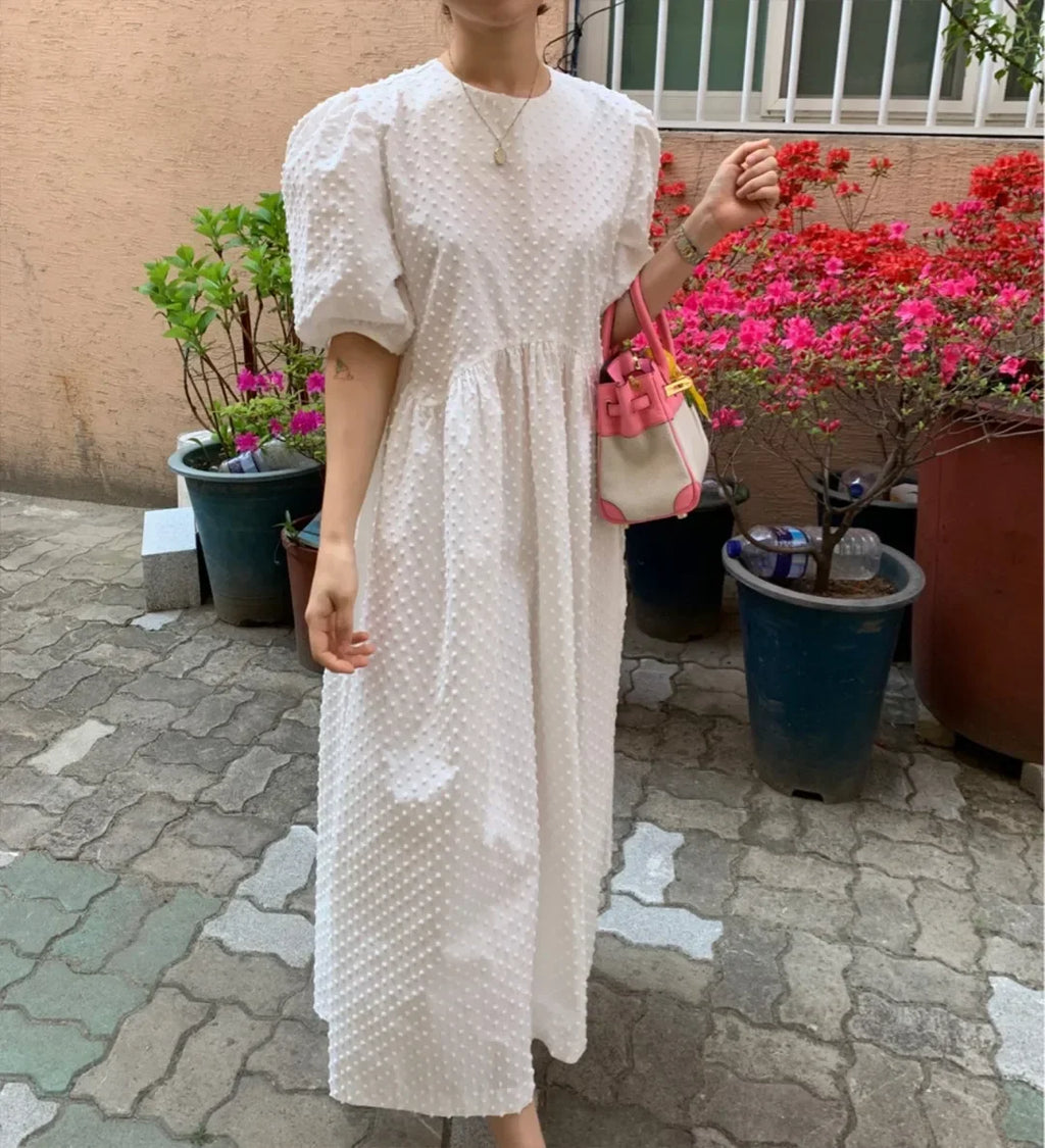 Women Polka Dot Puff Sleeve Long Dress Casual Party