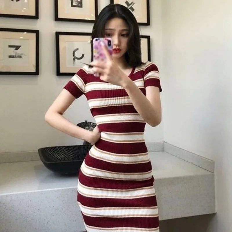 Striped Knit Dress Wrapped Short Hip With Front Slit
