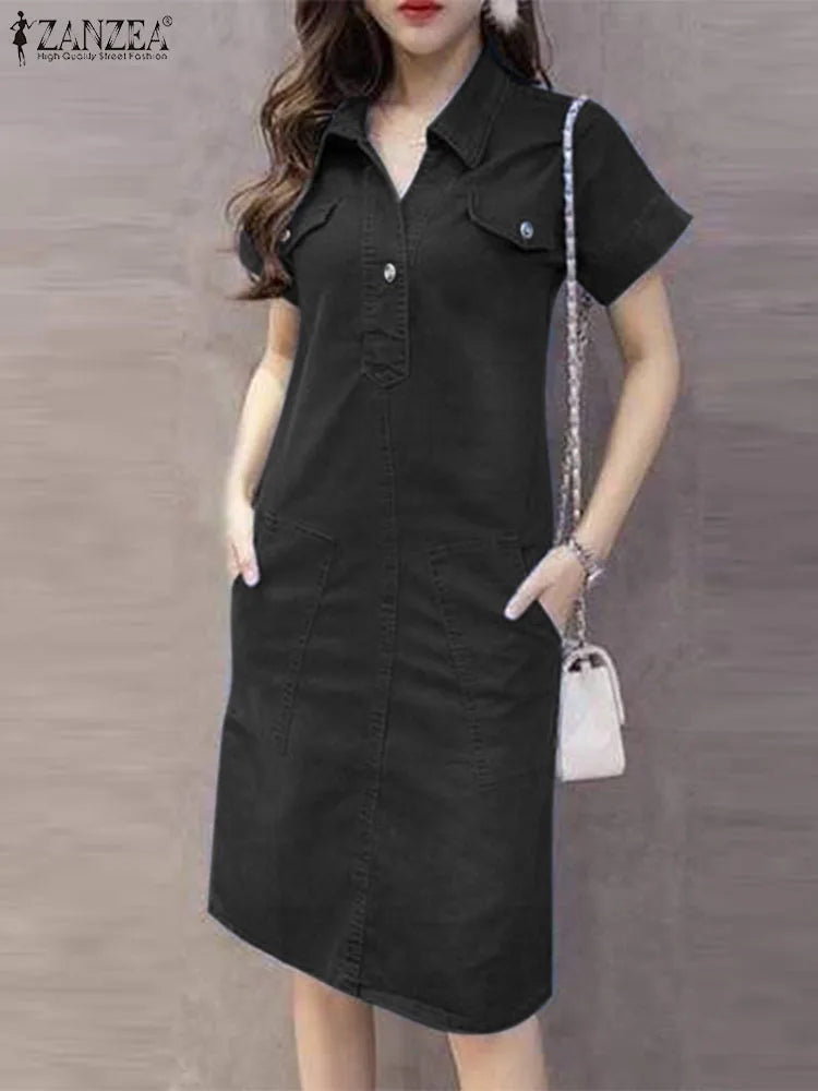Denim Shirt Dress For Women Short Sleeve Summer Sundress