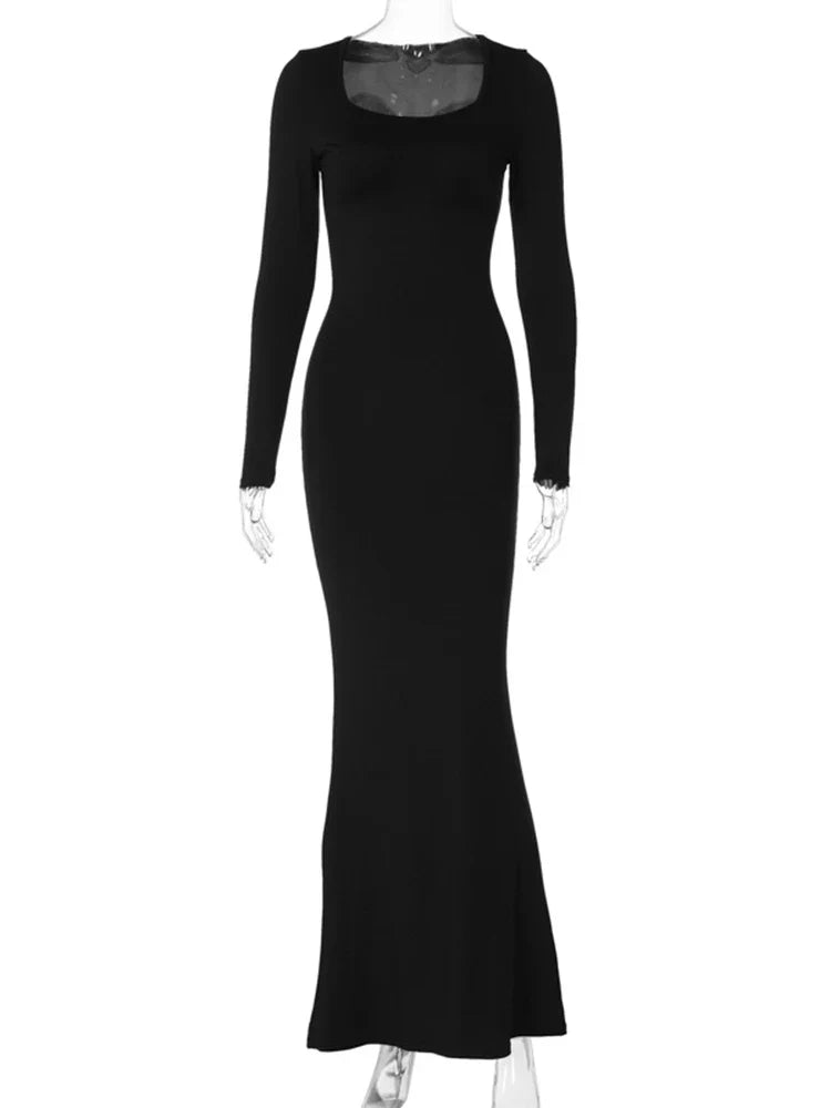 Lace Up Bandage Maxi Dress Black Long Sleeve Bodycon