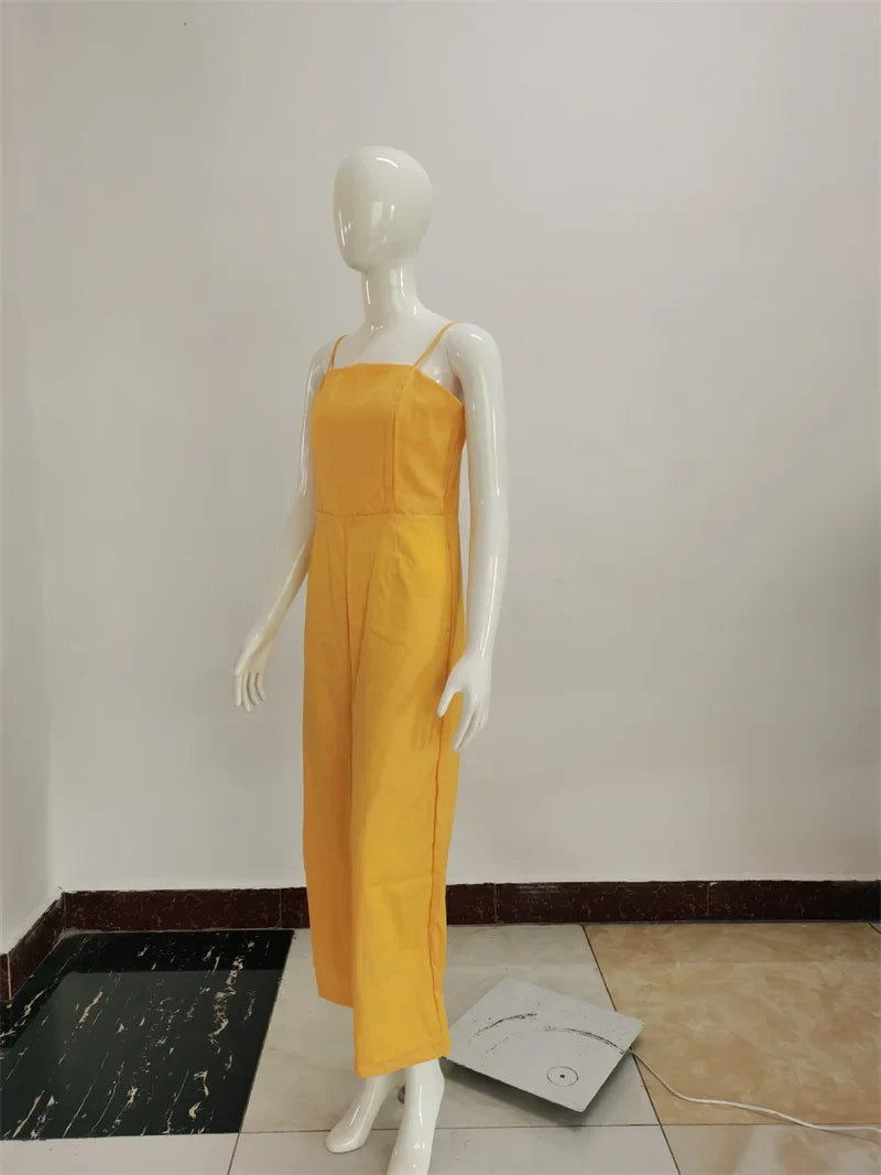 Women Sleeveless Bib Dungarees Jumpsuit Casual Loose Fit Solid Color Wide Leg Overalls with Spaghetti Straps for Autumn