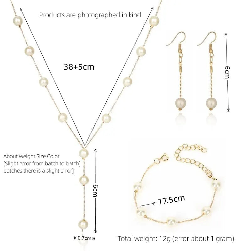 Gold-Plated Imitation Pearl Necklace Earring Bracelet Set for Ladies with Elegant Tassel Design