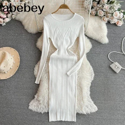 Long Sleeve Knitted Bodycon Dress For Women Autumn Retro